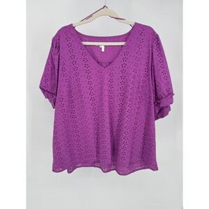 Draper James Purple Eyelet V Neck Short Sleeve Peasant Blouse XXL